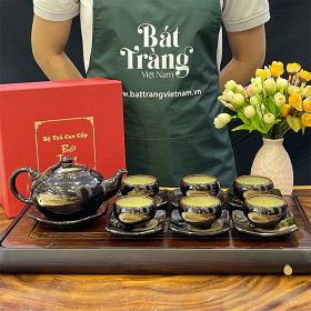 Bộ ấm chén hỏa biến men nâu đen lòng chén trơn Bát Tràng BT-AT20