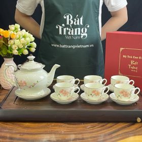 Bộ ấm chén in logo sứ trắng Bát Tràng họa tiết hoa đào hồng BT-AT17