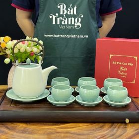 Bộ ấm chén màu xanh ngọc bích phối trắng quai đồng BT-AT34