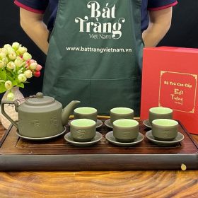 Bộ ấm chén màu xanh rêu gốm sứ Bát Tràng dáng vuông BT-AT43