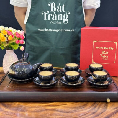Bộ ấm chén màu đen men hỏa biến quai ngang Bát Tràng BT-AT31
