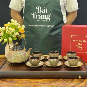 Bộ ấm chén màu vàng đồng men hỏa biến quai đồng Bát Tràng BT-AT27
