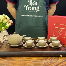 Bộ ấm chén sứ Bát Tràng màu nâu không tráng men BT-AT39