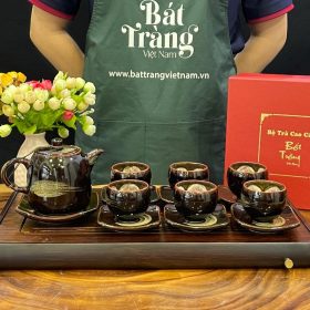 Bộ ấm chén trà màu nâu họa tiết vết zen hoa nở tròn BT-AT37