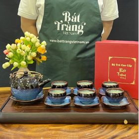 Bộ ấm trà màu xanh đen men hỏa biến quai đồng Bát Tràng BT-AT26