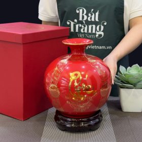 Bình hút lộc Bát Tràng màu đỏ họa tiết tứ cảnh vẽ vàng kim BT-BHL45