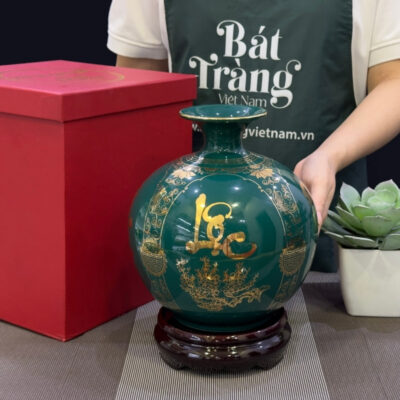 Bình hút lộc Bát Tràng màu xanh coban họa tiết tứ cảnh vẽ vàng kim BT-BHL44