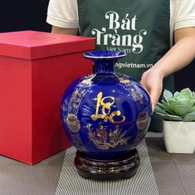 Bình hút lộc Bát Tràng màu xanh dương họa tiết tứ cảnh vẽ vàng kim BT-BHL43