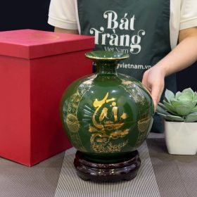 Bình hút lộc Bát Tràng màu xanh lá họa tiết tứ cảnh vẽ vàng kim BT-BHL42