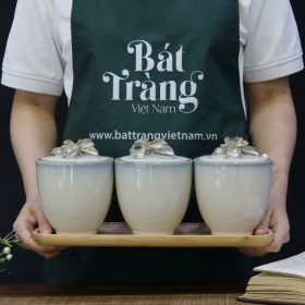 Bộ 3 hũ sứ đựng mứt dáng chuông nắp hoa đắp nổi BT-KM01