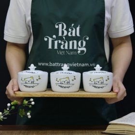 Bộ 3 hũ sứ tròn đựng mứt họa tiết mèo khay gỗ BT-KM05