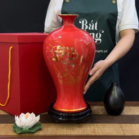 Mai bình tích lộc họa tiết Hoa Sen vẽ vàng kim men đỏ BT-MB02