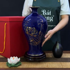 Mai bình tích lộc họa tiết Hoa Sen vẽ vàng kim men xanh BT-MB04
