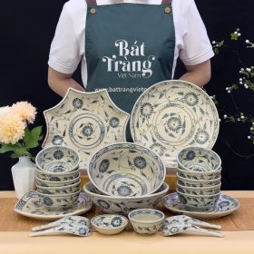 Bộ bát đĩa giả cổ họa tiết hoa cúc vẽ tay Bát Tràng BĐ-01