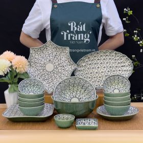 Bộ bát đĩa men ngọc lục bảo họa tiết bèo vẽ tay Bát Tràng BĐ-02