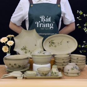 Bộ bát đĩa sứ họa tiết chuồn chuồn trúc xanh Bát Tràng BĐ-03