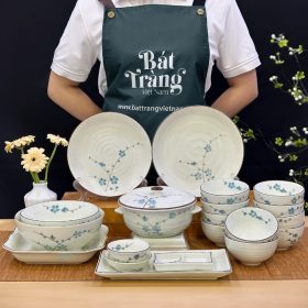 Bộ bát đĩa sứ trắng họa tiết đào xanh Bát Tràng BĐ-04