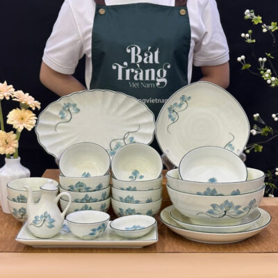 Bộ bát đĩa sứ trắng họa tiết hoa sen xanh Bát Tràng BĐ-05