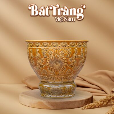 Chậu trồng sen men vàng họa tiết hoa cổ