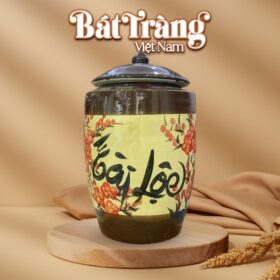 Hũ đựng gạo Tài Lộc tráng men vẽ hoa đào BT-HG01
