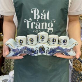 Bộ kỷ ngai thờ 5 chén men lam vẽ vàng họa tiết rồng BT-ĐT04