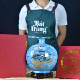 Bình hút lộc vẽ vàng kim Thuận Buồm Xuôi Gió men vân đá xanh dương BT-BHL58