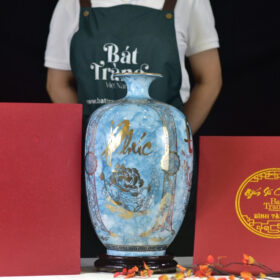 Mai Bình vẽ vàng kim Phúc Đức Tài Lộc men vân đá xanh dương BT-MB15