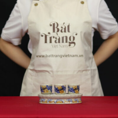 Kỷ cong thờ 3 ly nước men rạn "họa tiết cuốn thư" BT - ĐT32