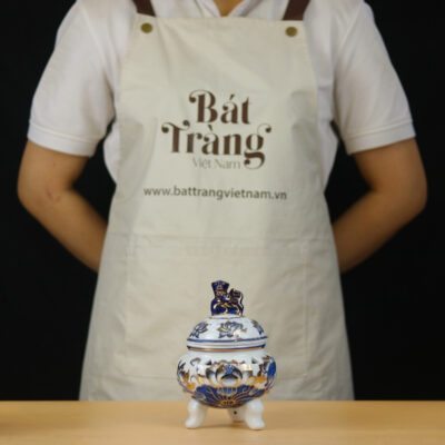 Lư xông trầm thờ men lam vẽ vàng họa tiết hoa sen BT-ĐT78