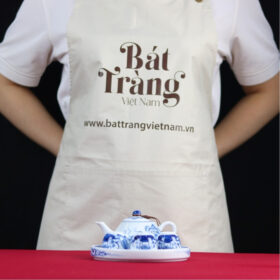 Bộ ấm trà thờ 3 ly men lam họa tiết hoa sen BT-ĐT65