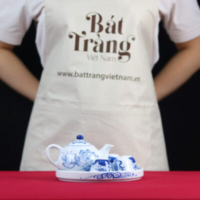 Bộ ấm chén cúng 5 ly hoa sen vẽ tay men lam BT-ĐT63