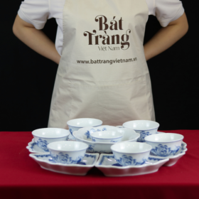 Bộ bát đĩa thờ cúng hoa mặt trời men lam vẽ hoa sen BT-ĐT61