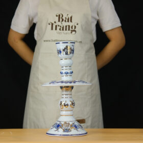 Cây đèn thờ men lam vẽ vàng họa tiết hoa sen BT-ĐT83