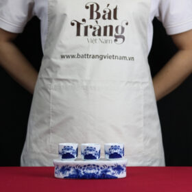 Kỷ cong thờ 3 ly nước men lam họa tiết hoa sen BT-ĐT37