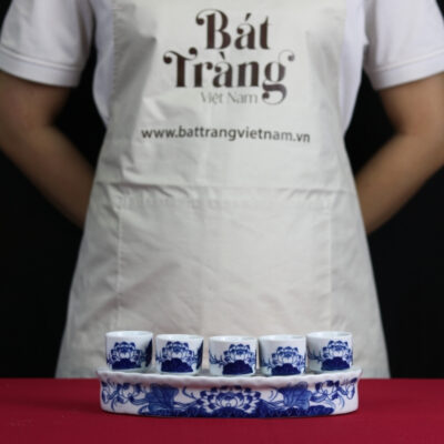 Kỷ cong thờ 5 chén nước men lam họa tiết hoa sen BT-ĐT51