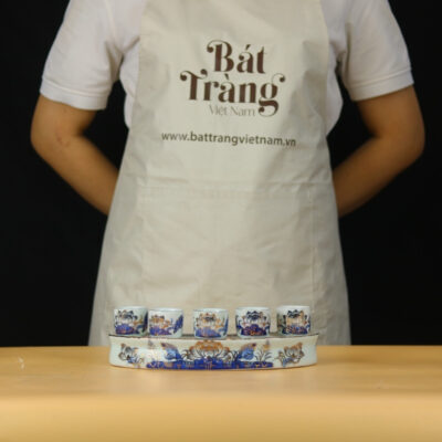 Kỷ cong thờ 5 ly men lam vẽ vàng họa tiết hoa sen BT-ĐT93