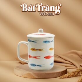 Cốc sứ Bát Tràng 350ml có nắp họa tiết vẽ tay BT-LS13