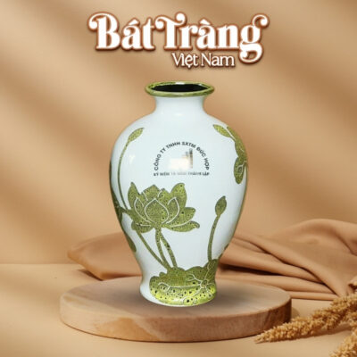 Bình hoa Bát Tràng Việt Nam in logo dáng đùi dế họa tiết hoa sen BT-QT50