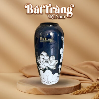 Bình hoa quà tặng in logo màu xanh dương họa tiết hoa sen BT-QT41