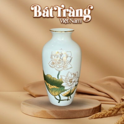 Bình hoa sứ trắng Bát Tràng in logo họa tiết hoa sen vẽ vàng BT-QT46