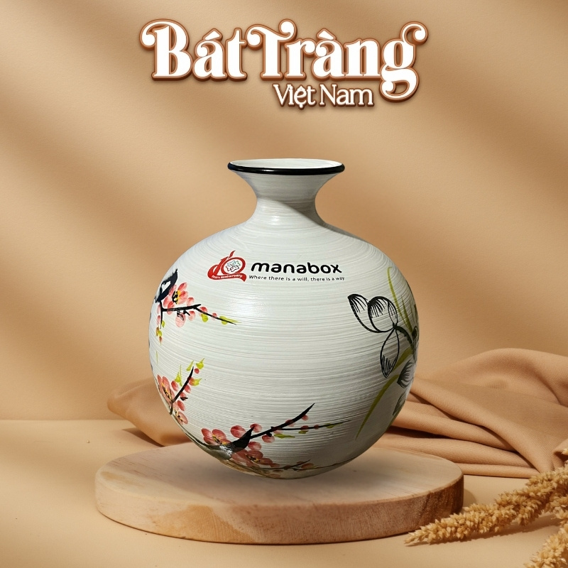 Bình hút lộc in logo gốm sứ Bát Tràng men xước vẽ hoa BT-QT26