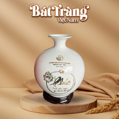 Bình hút lộc in logo màu trắng họa tiết hoa sen cá chép vẽ vàng BT-QT25