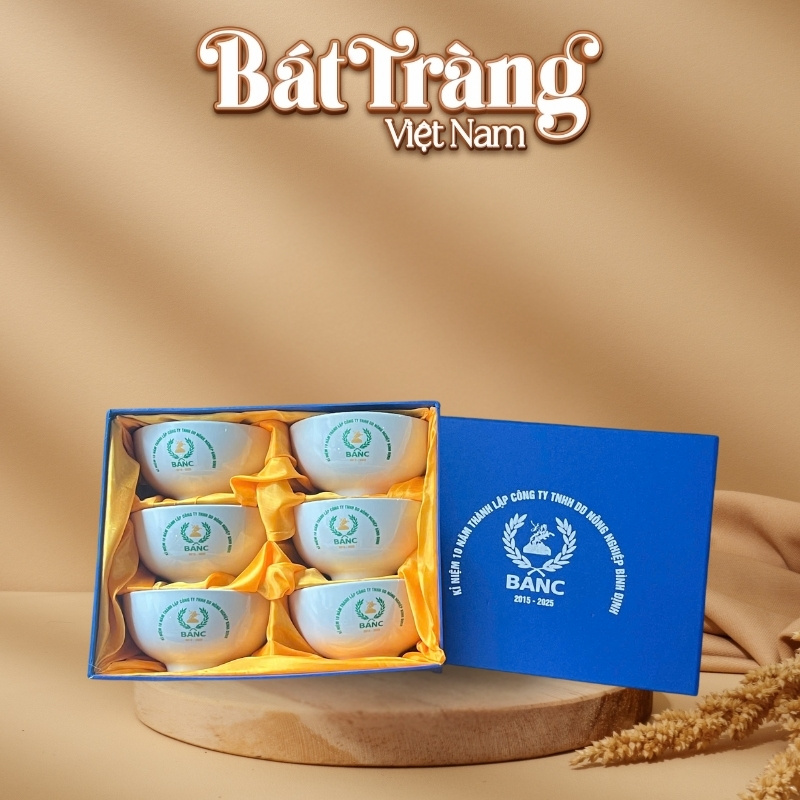 Bộ 6 bát cơm in logo sứ trắng Bát Tràng BT-QT35