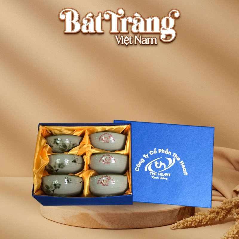 Bộ 6 bát cơm vẽ chuồn trúc men xanh Bát Tràng in logo BT-QT37