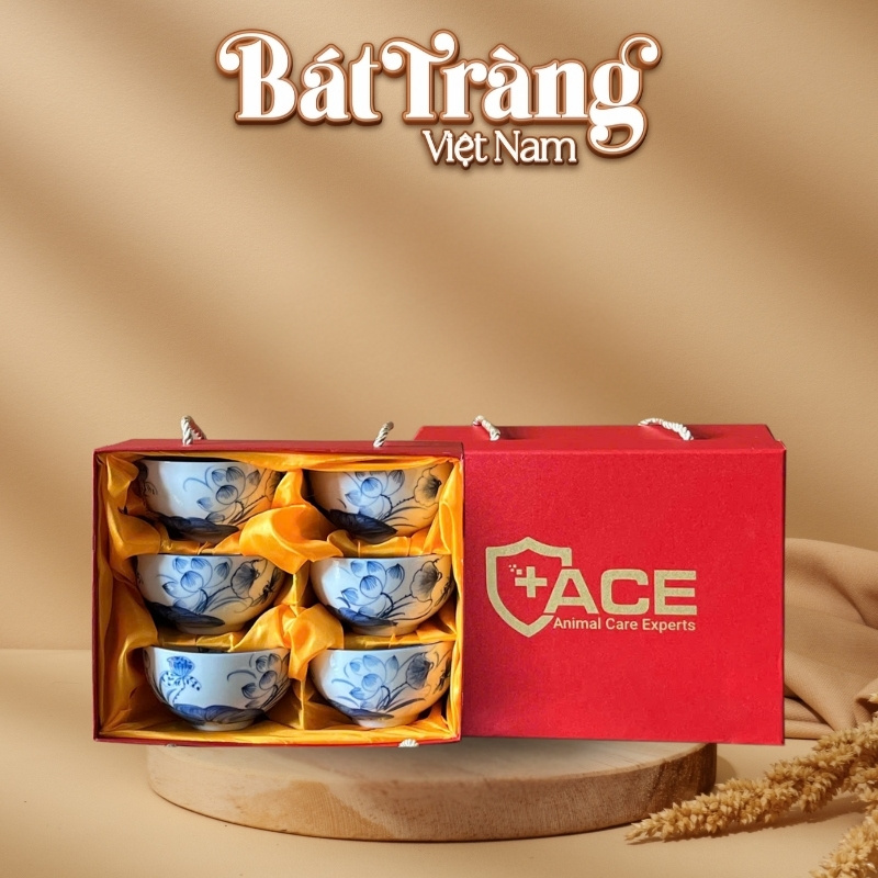Bộ 6 bát cơm vẽ tay sen xanh gốm sứ Bát Tràng in logo BT-QT39