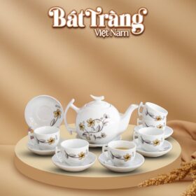 Bộ ấm chén in logo sứ trắng Bát Tràng họa tiết bồ công anh BT-QT07