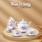 Bộ ấm chén in logo sứ trắng Bát Tràng họa tiết hoa đào BT-QT09