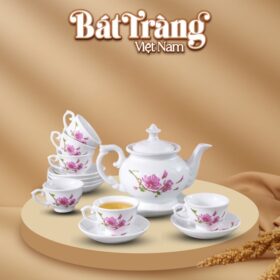 Bộ ấm chén in logo sứ trắng Bát Tràng họa tiết hoa đào BT-QT09