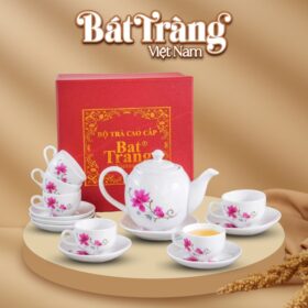 Bộ ấm chén in logo sứ trắng Bát Tràng họa tiết hoa đào BT-QT16