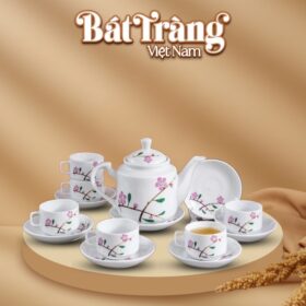 Bộ ấm chén in logo sứ trắng Bát Tràng họa tiết hoa đào BT-QT18
